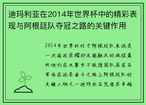 迪玛利亚在2014年世界杯中的精彩表现与阿根廷队夺冠之路的关键作用