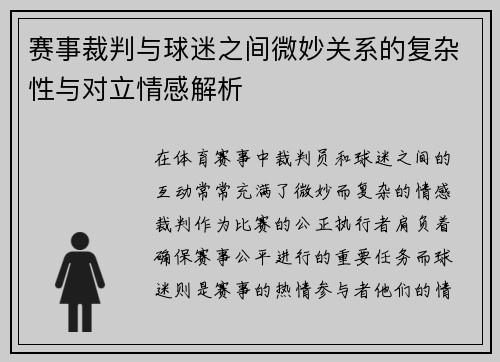 赛事裁判与球迷之间微妙关系的复杂性与对立情感解析